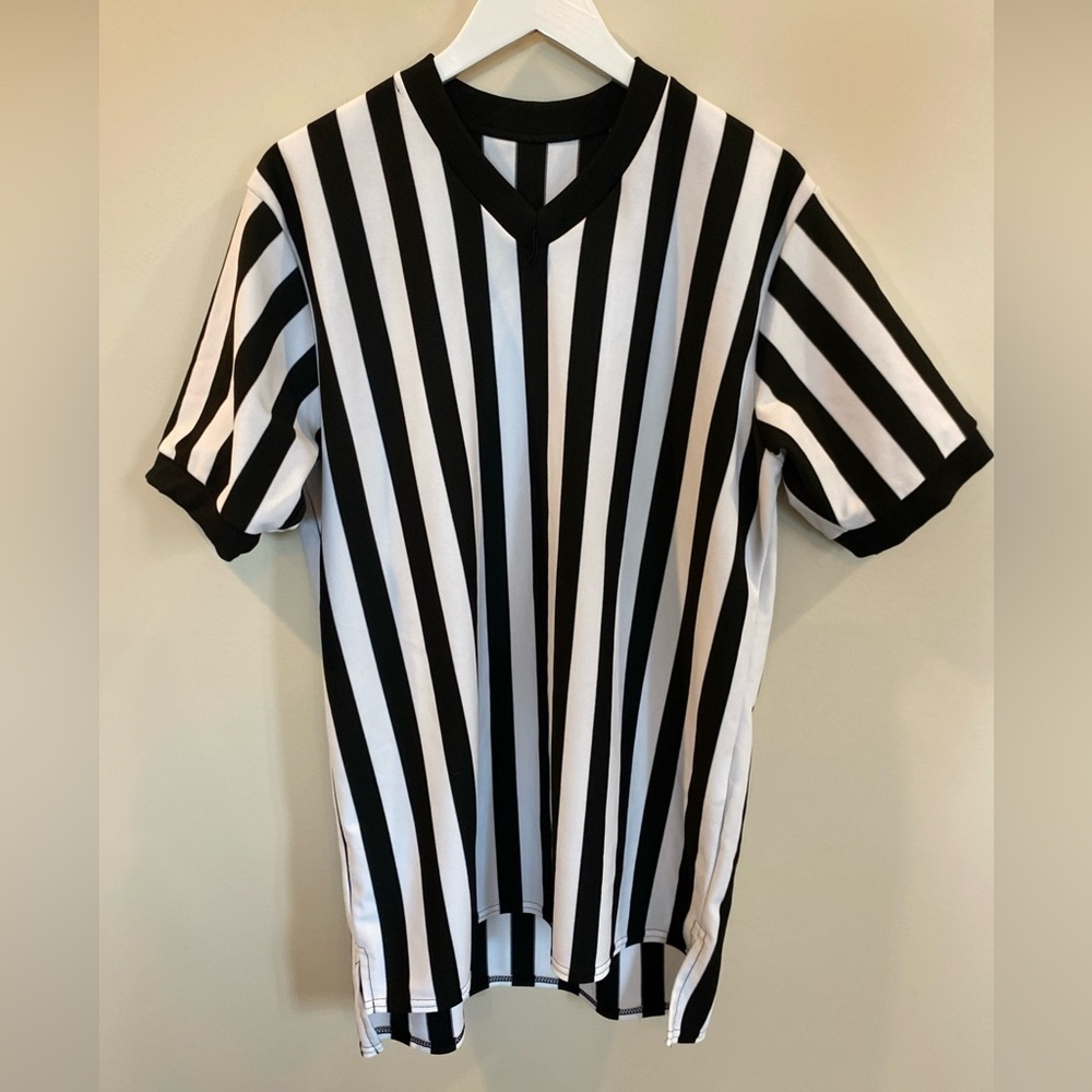 McDavid Referee T Shirt Men Large Black White Striped Short Sleeve V Neck Sports